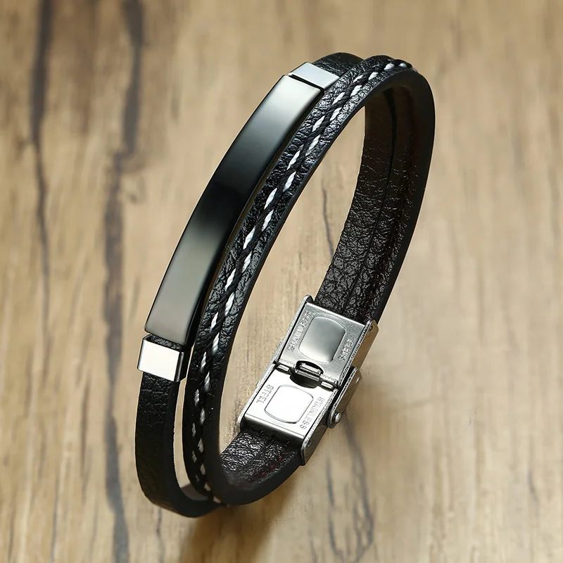 Pulsera de cuero de acero inoxidable con nombre personalizado para hombre y mujer, brazalete de estilo cubano, longitud ajustable, regalo para chico