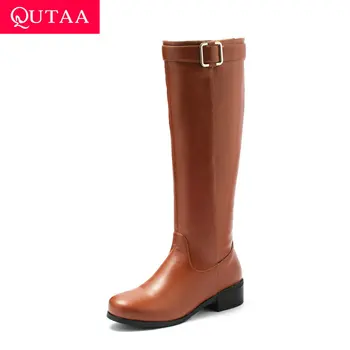 

QUTAA 2021 Buckle Zipper Knee High Boots PU Leather Square High Heel Women Shoes Autumn Winter Keep Warm Long Boots Size 34-43