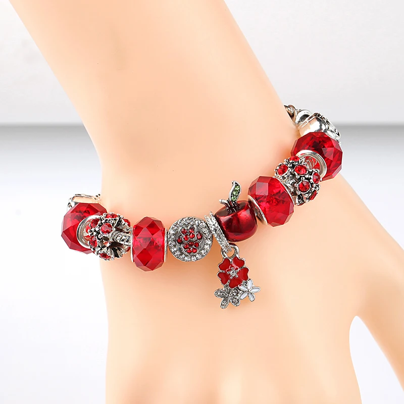 European& American Trendy Christmas Apple Charm Bracelet& Bangle Red Flower Crystal Diy Bead Bracelet Jewelry for Women