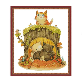

Kitten under the stump Cross-stitch Kits counted Printed Canvas 14CT 11CT Cross stitch animal pattern Embroidery Needlework Sets