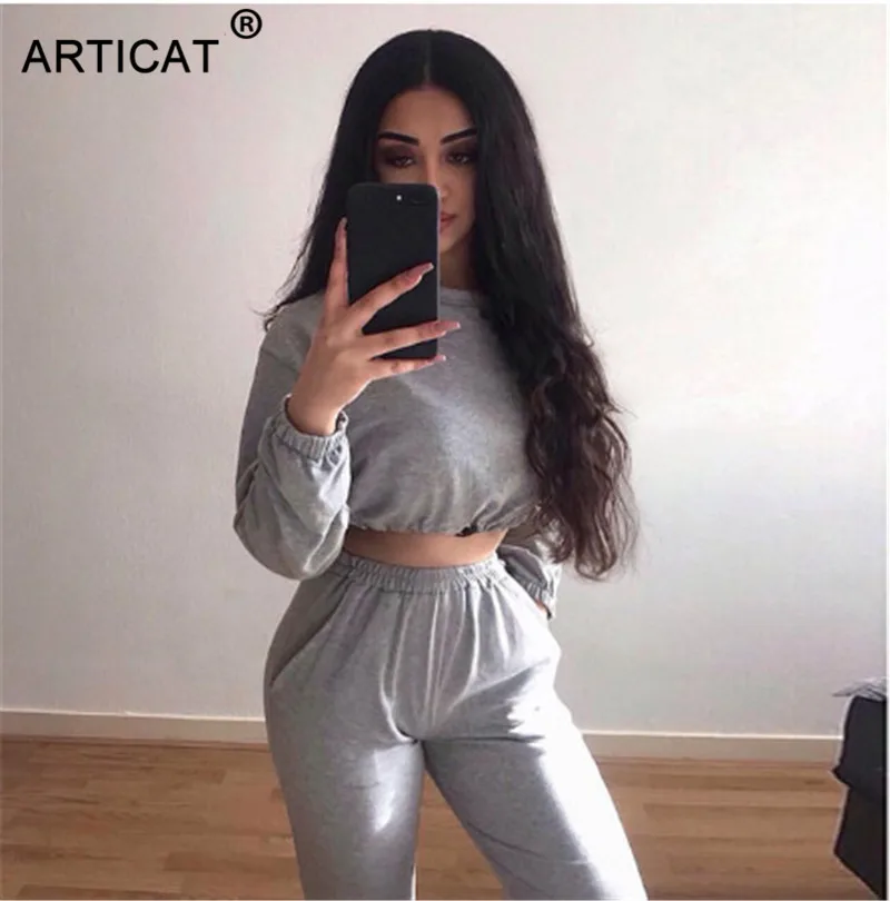 Articat женский костюм из двух предметов спортивный костюм осенний пуловер с длинными рукавами укороченный топ и брюки Комбинезоны женские повседневные наряды - Цвет: Серый