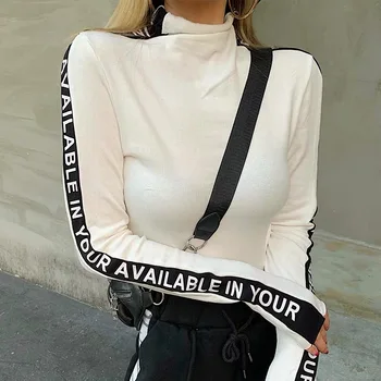 

Spring autumn plush and thickened high neck top women's Tight Sexy color contrast letter T-shirt long sleeve fashion versatile