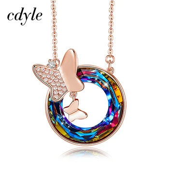 

Cdyle Multicolor Crystals from Swarovski Circle Shaped Pendant Women Necklace with Zircon Butterfly Jewelry Personalized Gift