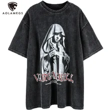 

Aolamegs Distressed T-shirts Men Vintage Illustration Washed Short Sleeve Tees Loose High Street Diablo Style Casual Tops Couple