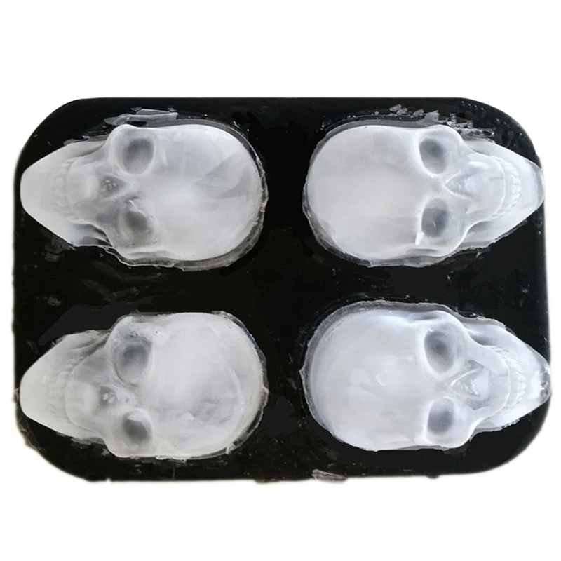 Hot 3D Skull Silicone Ice Cube Mold Tray Easy Release 4 Giant Skulls Ice Cube Maker, Black