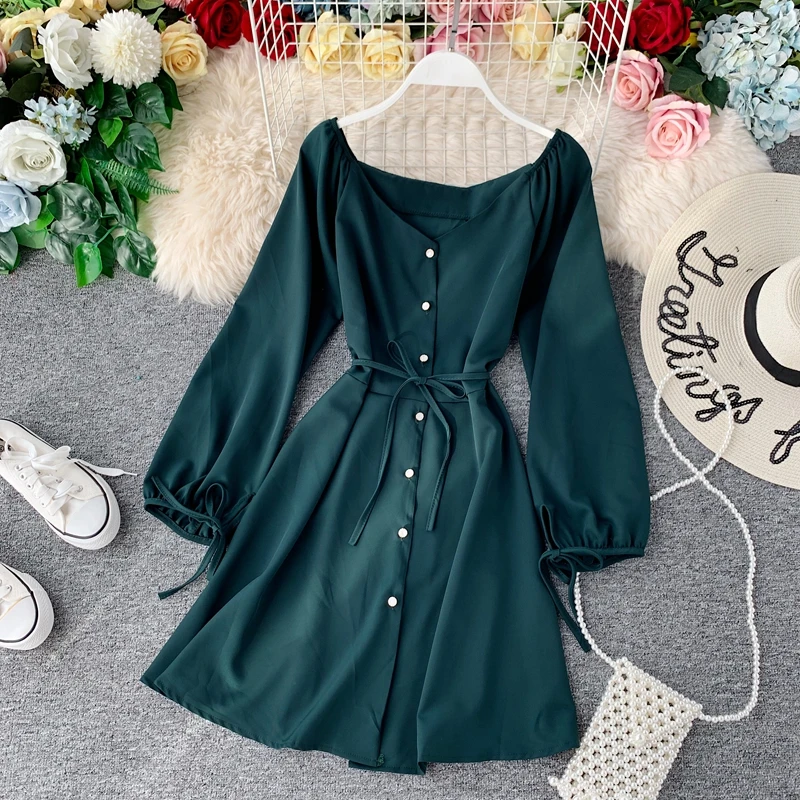 

Korean Chic Retro V-collar Single-row Buckle High Waist Long Sleeve A-line Casual Dress Women Solid Color Vestidos J508