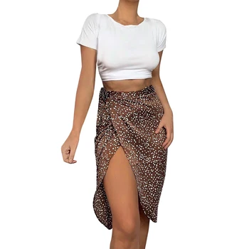 

New Women Summer Skirts Flower Print High Waist String Bandage Split Casual IrregularLadies Wear Knee Length 2020