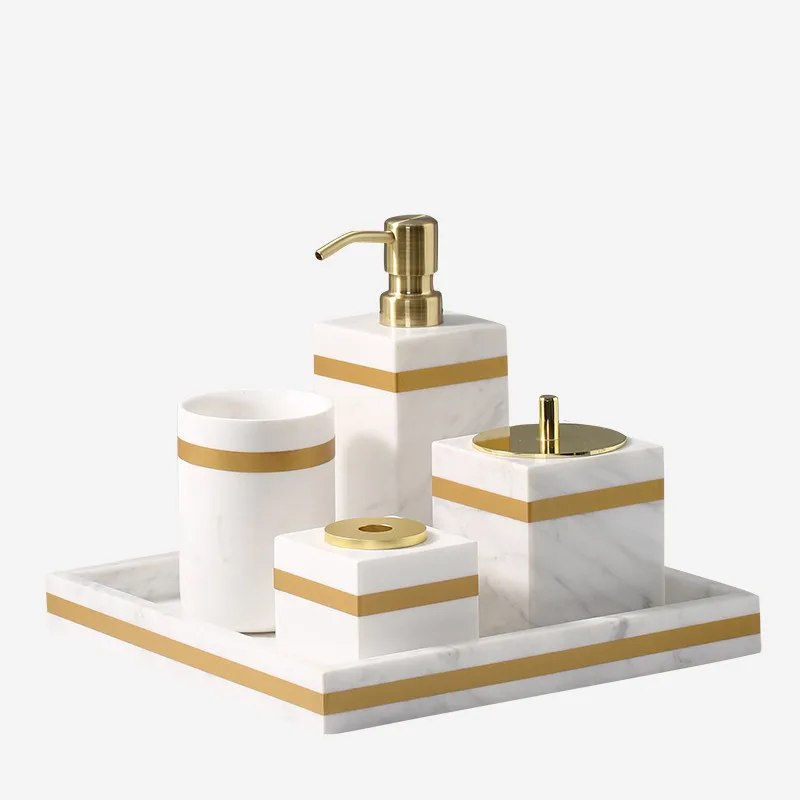 Bathroom Accessories Marble Soap Dispensers/Dish Toothbrush Holder Gargle Cups Tray Wedding Gifts Gold Head White By Piece