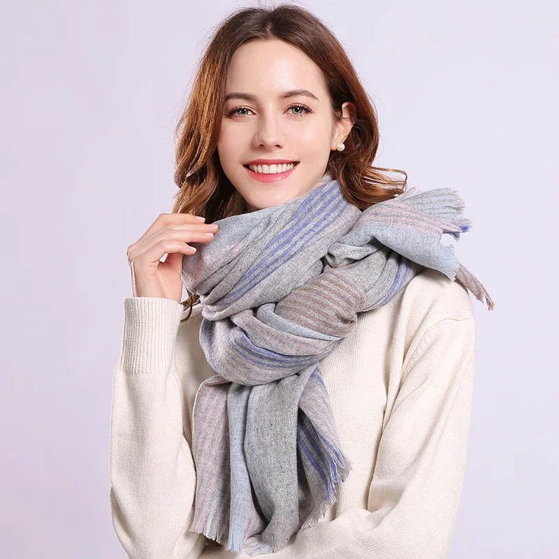 Winter Wool Scarf Women Plaid Shawls and Wraps for Ladies Pashmina Foulard Femme Warm Cashmere Echarpe Pure Wool Scarves - Цвет: Color 8