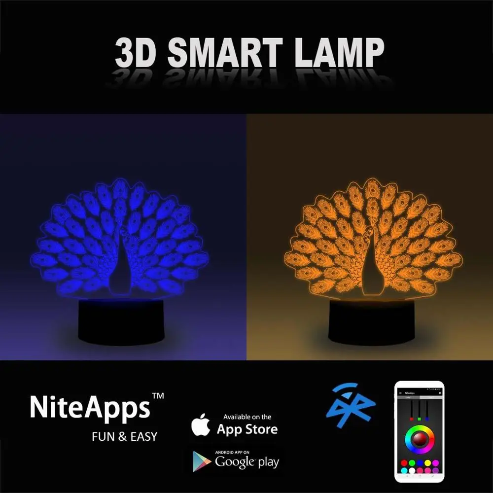 NiteApps 3D красивый павлин ночник настольная Иллюзия украшение лампа подарок на день рождения приложение/сенсорное управление