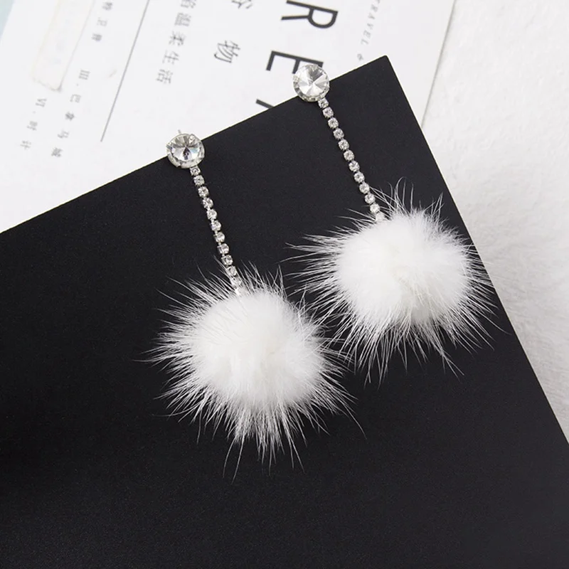 PomPom Long Drop Earrings For Women Unique Soft Ear Dangle Crystal Earring Jewelry Cute Christmas Gift