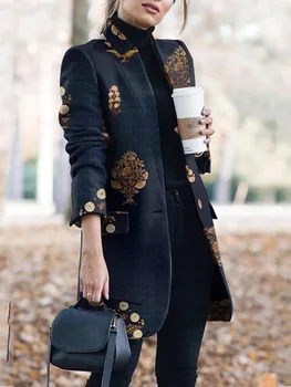 

Fashion Ladies Tops Woolen Print Coat Winter Warm Print Long Wool Coat Fashion Slim Outwear Office Lady Suit Woolen Blends Coat