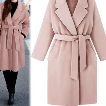 

Women Winter Loose Overcoat With Belt Wool Coat Solid Female Clothes Warm Plus Size Jacket Outwear Trench