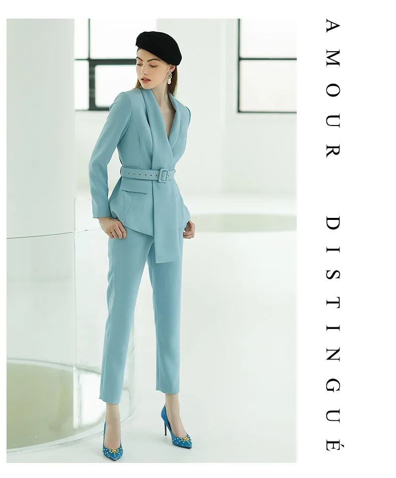 Женский офисный костюм, профессиональный женский деловой костюм размера плюс, небесно-голубой Блейзер, брюки, дизайнерский портной