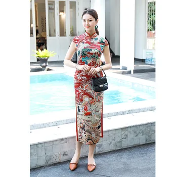 

2020 women short sleeve qipao elegant satin print flower cheongsam chinese vintage mandarin collar vestidos plus