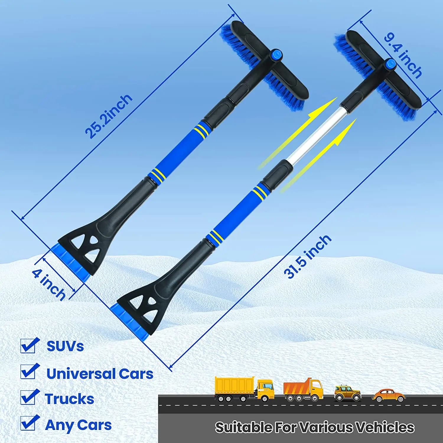 Detachable Ice Scraper for Car Windshield 3 in 1 Snow Brush and Ice Scraper with Ergonomic Foam Grip 360° Pivoting Brush Head Snow Scraper for Cars Ice Scraper and Snow Brush SUVs 
