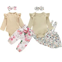 Комплекты одежды для новорожденных девочек 0-18 месяцев, комбинезон с цветочным рисунком, платье на лямках или штаны, комплект одежды с повязкой на голову
