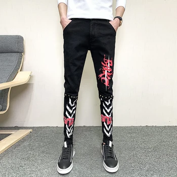

Korean Stretch Mens Jeans Slim Fit Personality Rivets Decor Denim Jeans Pants Men All Match Simple Streetwear Trousers Men Black