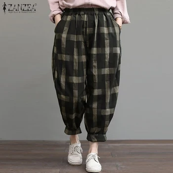 

2020 Women Check Long Pants ZANZEA Casual Vintage Turnip Pantalon Elastic Waist Plaid Harem Trousers Female Palazzo Streetwear