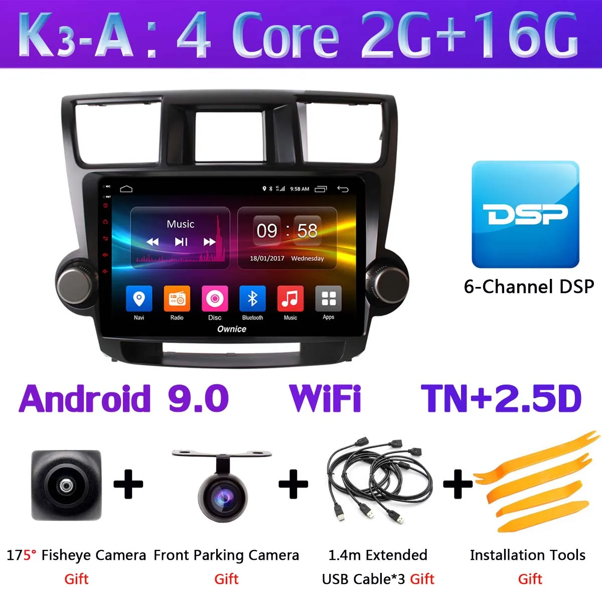 360 ° камера Android 9,0 4 Гб ram+ 64 ГБ rom 4G SIM SPDIF DSP CarPlay Автомобильный плеер для Toyota Highlander 2 XU40 2008- gps радио - Цвет: K3-A