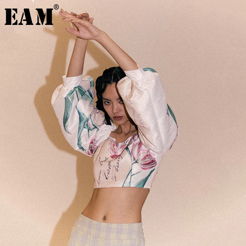 [EAM] Женская короткая футболка с принтом, новая модная футболка с круглым вырезом и рукавами-фонариками, весна-осень, 1B928