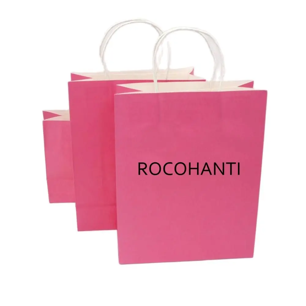 

100pcs Custom Printed Your Own Logo Rose Red Paper Bag Pink Color Kraft Craft Shopping Gift Bags With Twisted Rope Handles