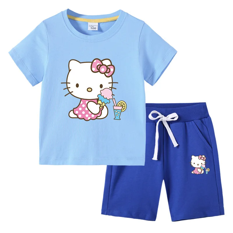 thumbnail image 1 of Hello Kitty verano niños pequeños de algodón de manga corta camiseta traje niños pantalones cortos de manga corta conjunto de dos piezas ropa para niños, 1 of 5