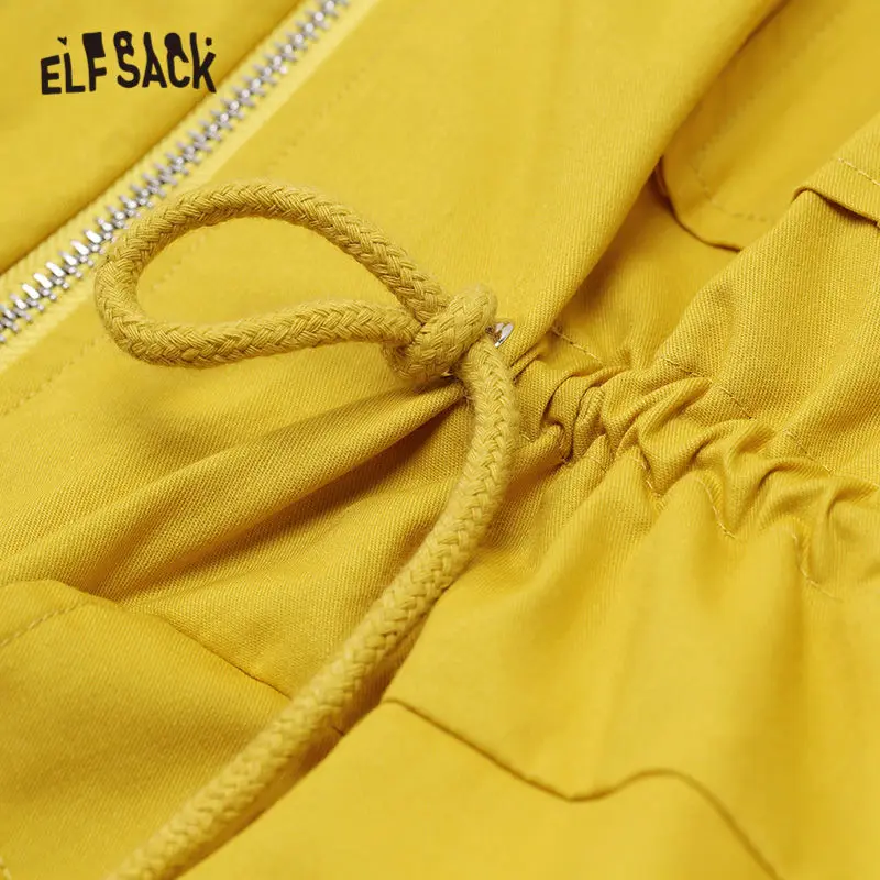 ELFSACK, желтый, однотонный, с принтом Бетти, на завязках, с талией, Женский Тренч, осень, рукав-фонарик, повседневная, офисная, женская верхняя одежда