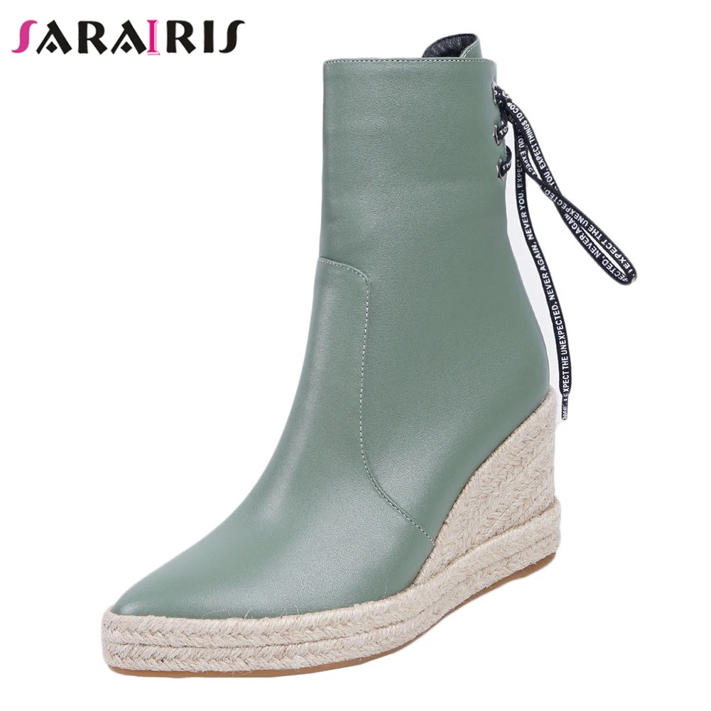 

SARAIRIS Brand 32-44 Straw Platform Booties Ladies Fashion Pointed Toe Ankle Boots Women 2019 Wedges Shoes Woman
