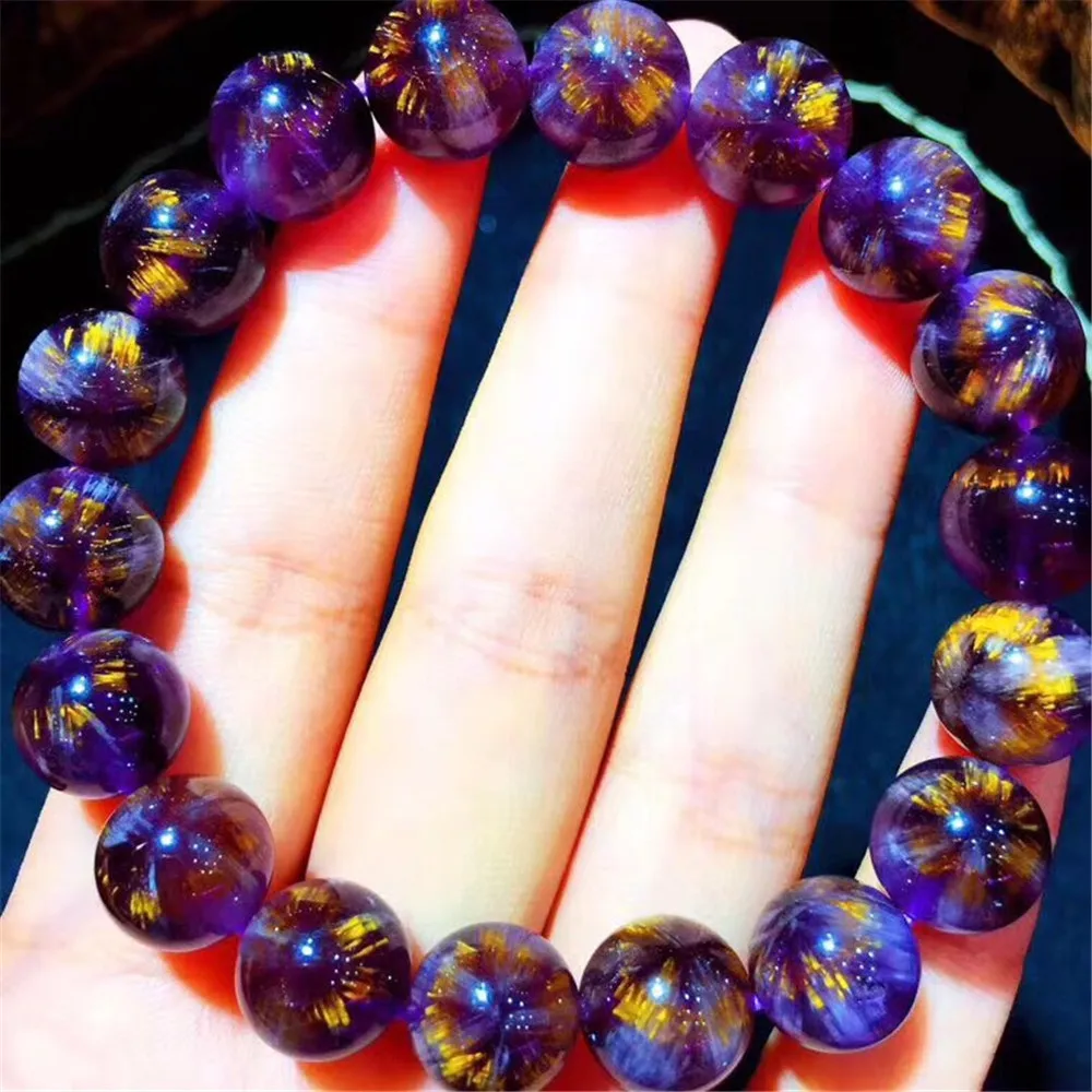 11mm Natural Auralite 23 Purple Gold Rutilated Bracelet For Women Man Crystal Canada Round Beads Energy Gemstone Stretch AAAAA | Украшения