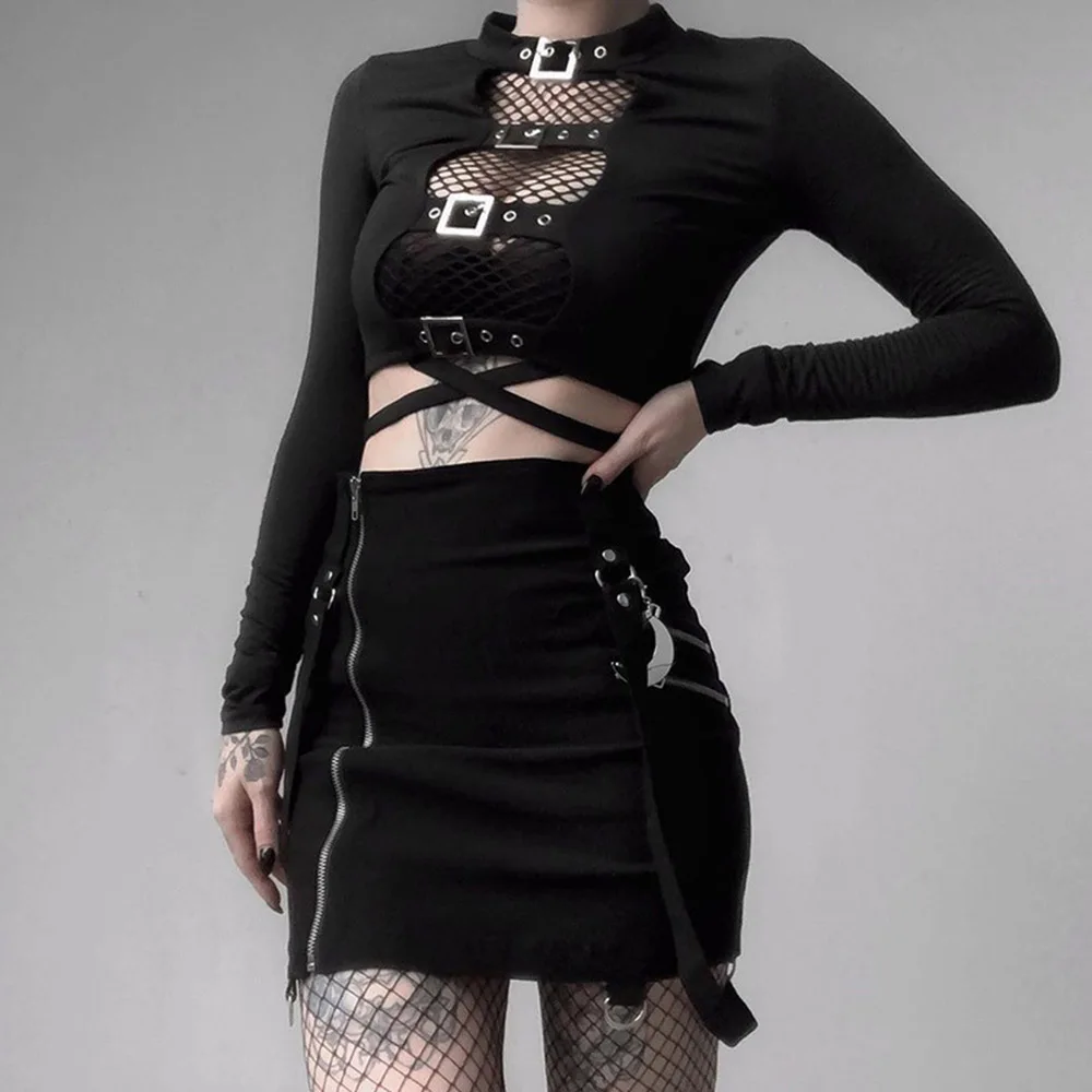 Women Skirt Gothic Black Dark Hanging Belts Diagonal Zipper A Word Skirt Bag Hip Tooling Black Skirts Sexy Mini Skirts Zipper