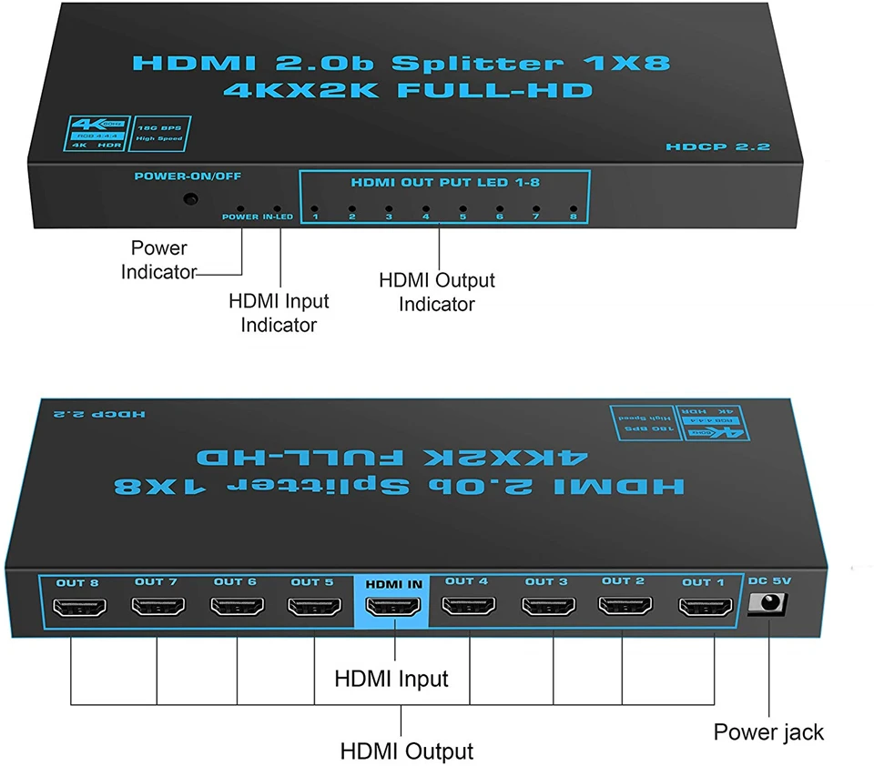 2024 1x8 4K UHD HDMI Splitter 2.0 1x2 HDMI 2.0 Splitter HDCP 2.2 HDR Splitter HD
