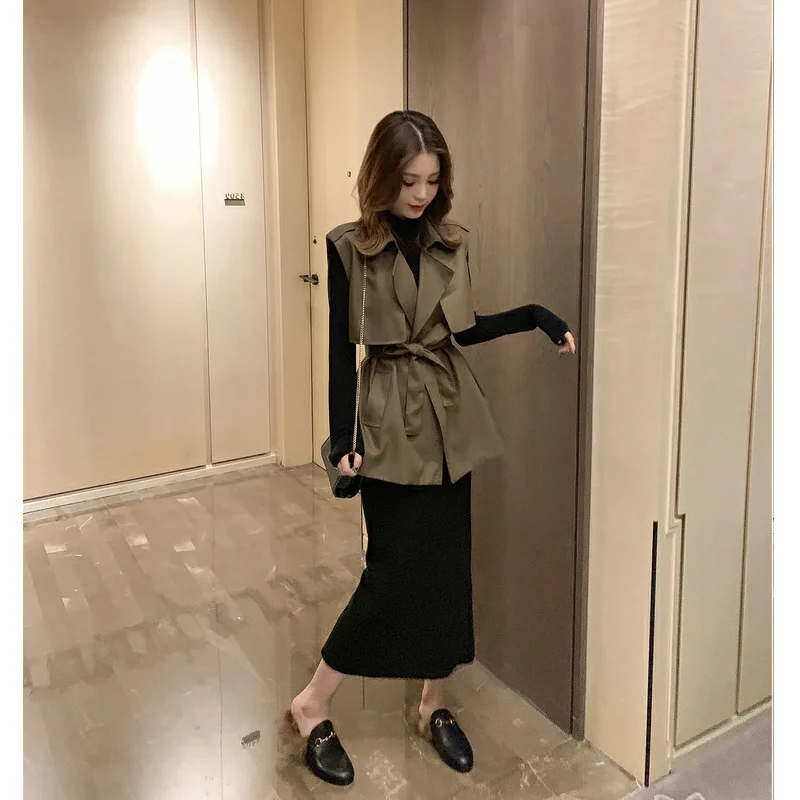 Autumn Clothing New Style Best Friend-Retro Sleeveless Vest Suit Collar Lace-up Trench Coat Sense of Design Tops