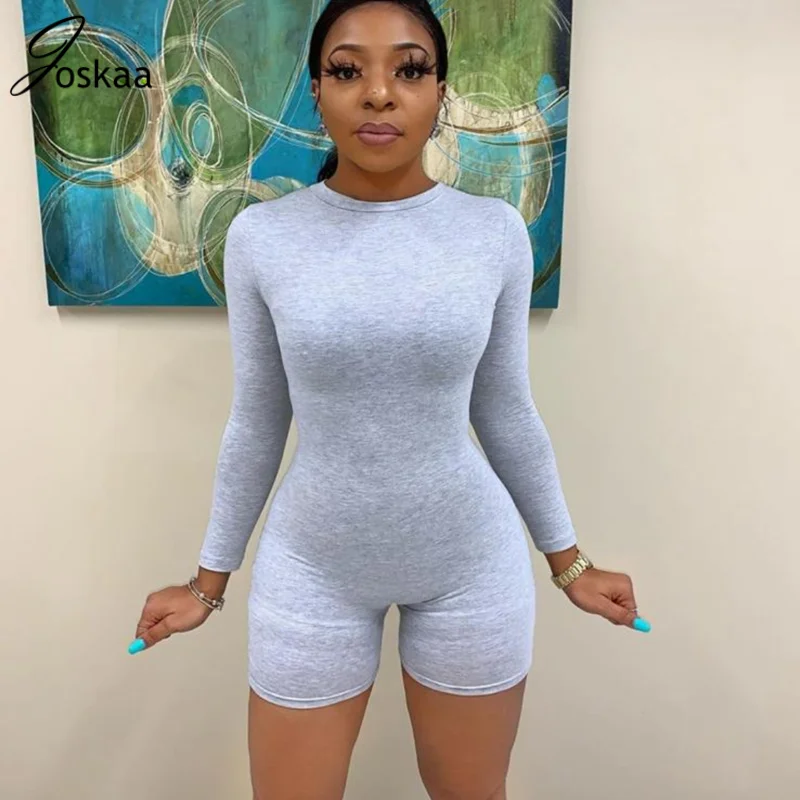 

Joskaa Long Sleeve Bodycon Rompers Female Casual Workout Clothes Women Sport Playsuit Solid color Skinny Romper Playsuit zipper