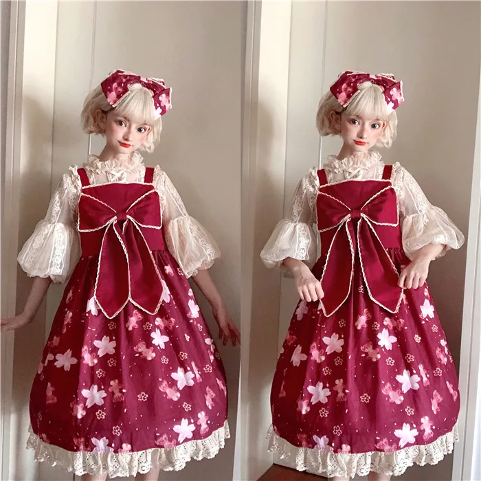 

Japanese sweet lolita dress vintage lace bowknot cute printing high waist victorian dress kawaii girl gothic lolita jsk loli cos