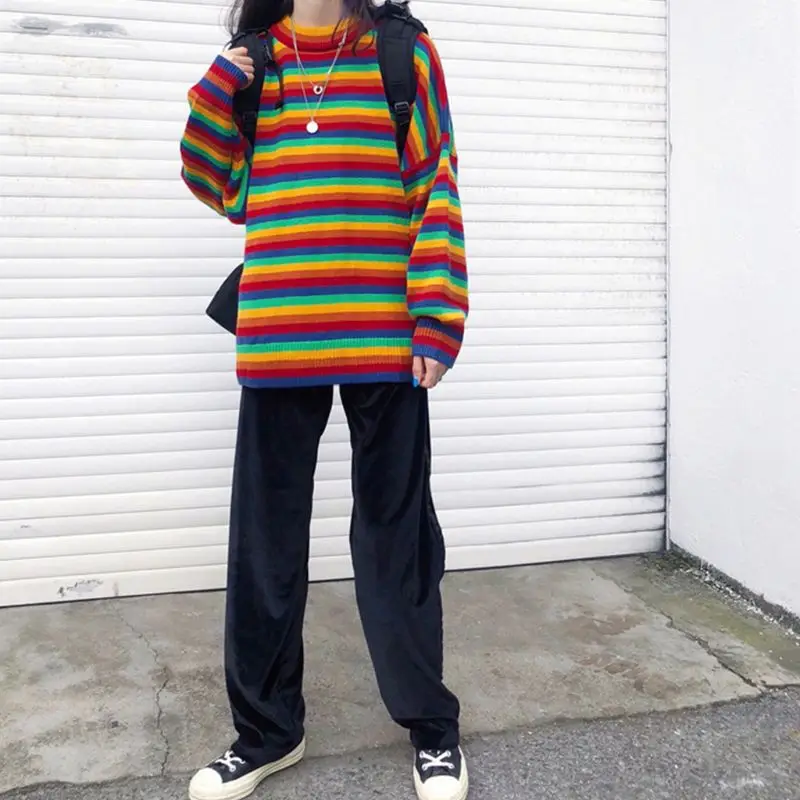 Women Teens Autumn Long Sleeve Knit Sweater Korean Harajuku Rainbow Stripes Patchwork Loose Jumper Hip Hop Pullover Tunic Tops