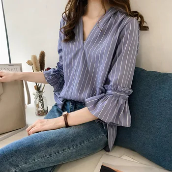 

Korean Stripe White/blue Blouse Women Fashion Office Lady Casual Shirt Flare Sleeve Pullover Casual Loose Tops 2020 Spring New