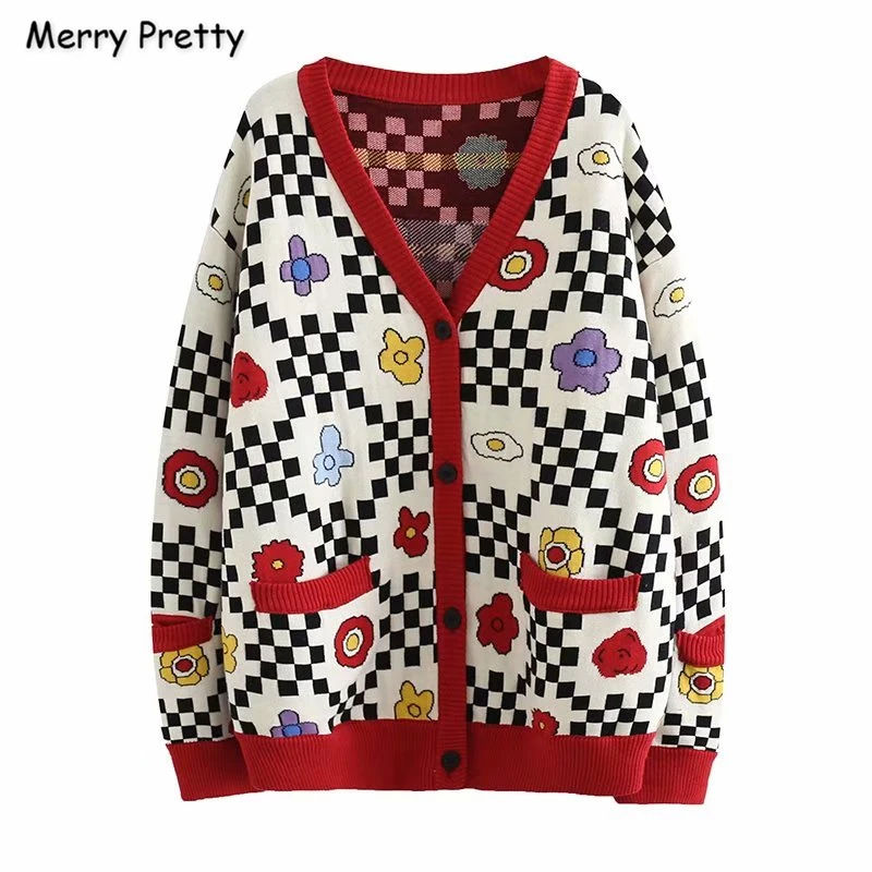 MERRY PRETTY Женские клетчатые кардиганы с цветочной вышивкой зимние толстые теплые вязаные свитера с v-образным вырезом жаккардовый Забавный свитер