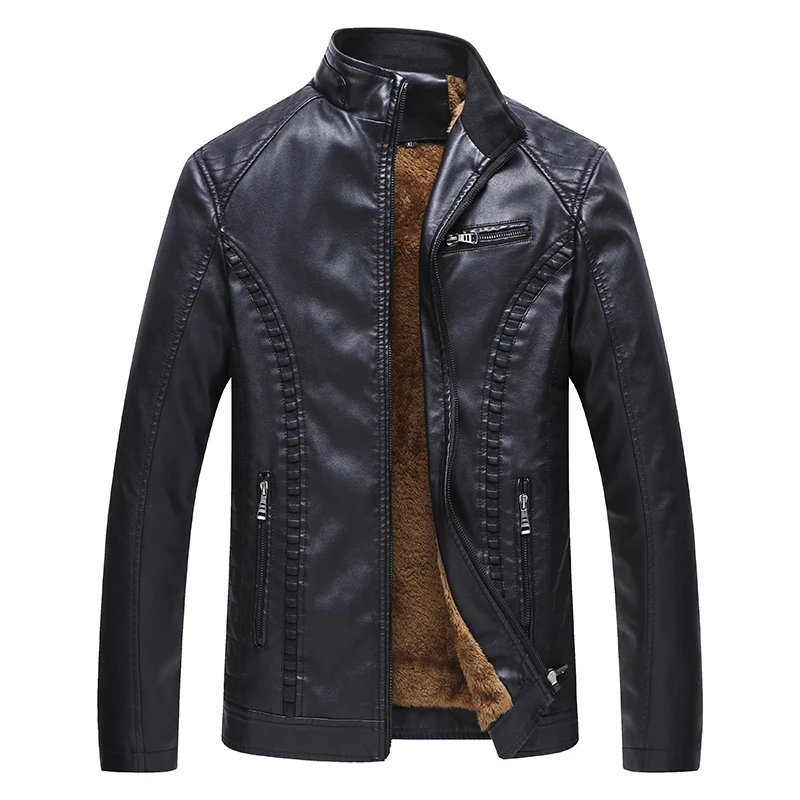 Новое поступление, мужские Куртки из искусственной кожи, одноцветные приталенные куртки на молнии с воротником-стойкой, мужские мотоциклетные кожаные куртки