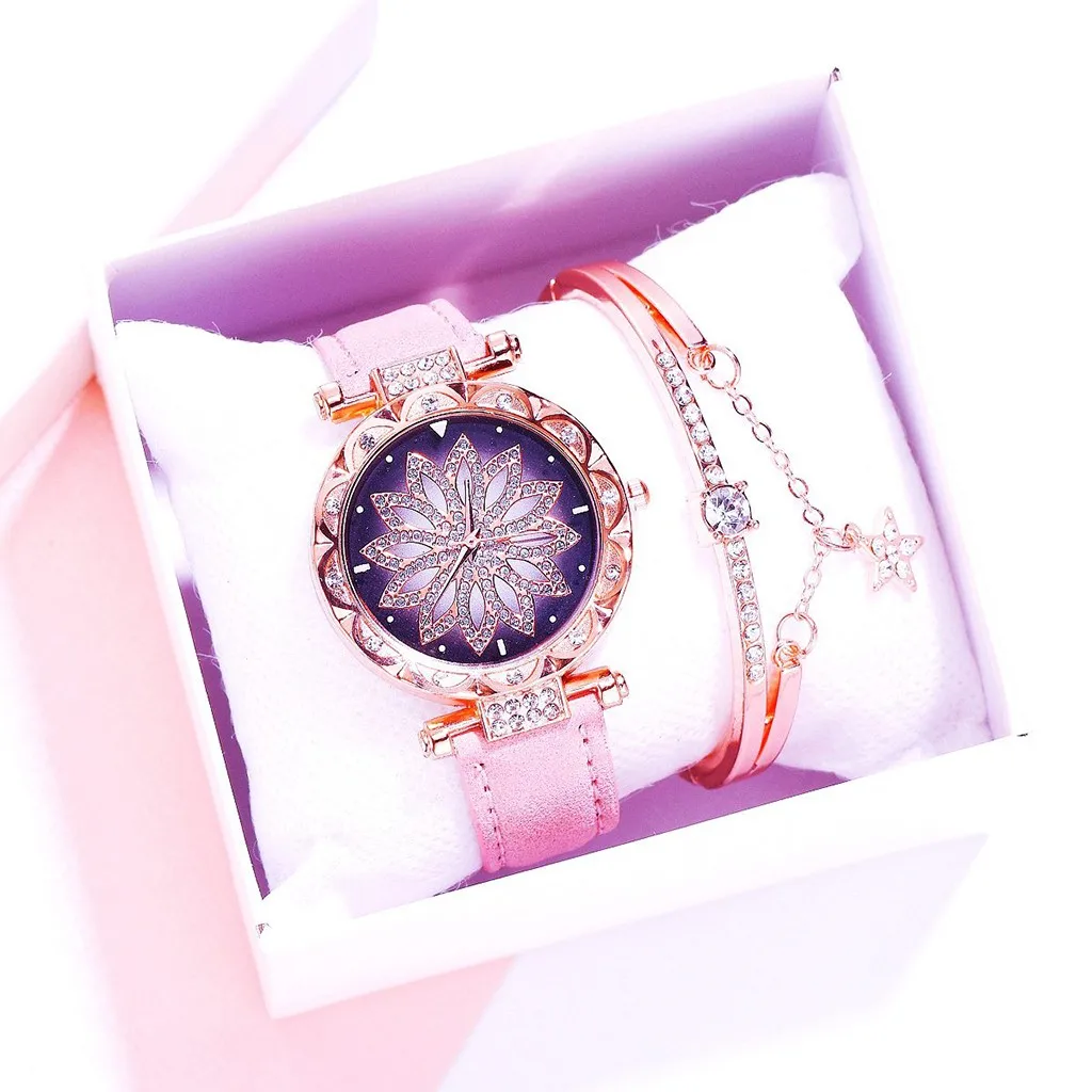 Luxury Ladies Watch Rhinestone dial Watch Fashion simple Star Flowers Belt Ladies Bracelet Quartz Watch Gift relogio feminino