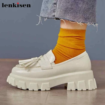 

Lenkisen new genuine leather thick bottom fringe loafers shoes round toe high heels leisure style young lady slip on pumps L9f1