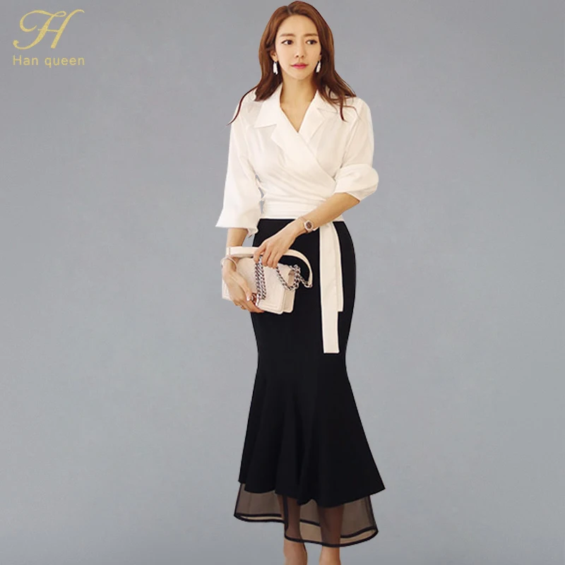 

H Han Queen New 2 Pieces Set Women 2019 Autumn Korean Style White Shirts Blouses And Mesh Patchwork Bodycon Skirts OL Work Suits
