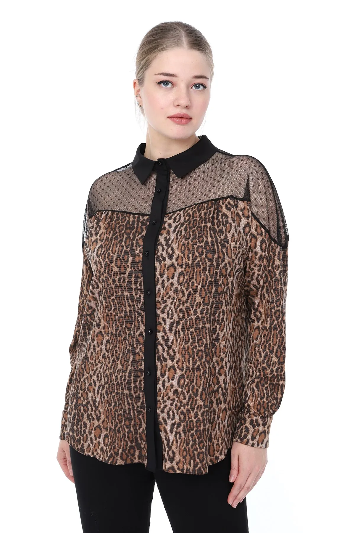 

Women's Plus Size Tulle Detail Leopard Pattern Long Sleeve Shirt Black L4039