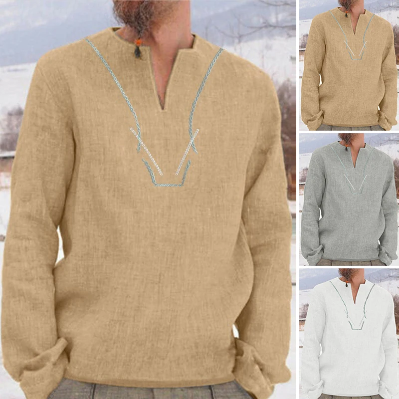 Мужские топы, рубашки, пляжные, Осенние, с длинными рукавами, Boho, модные, вечерние, v-образный вырез, ретро, однотонные, Metropolis