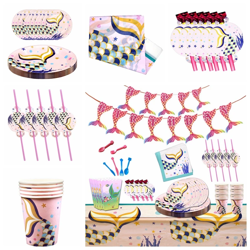 Mermaid Fish Tail Tableware Set Paper Cup Plate Napkin Flag Girl's Birthday Baby Shower Wedding Party Decor Favor