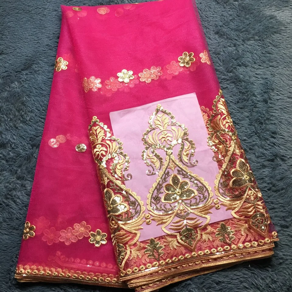 

French Net Lace Fabric 2021 Latest african guipure lace fabric with embroidery mesh tulle fuchsia cord Sequins lace fabric M2282