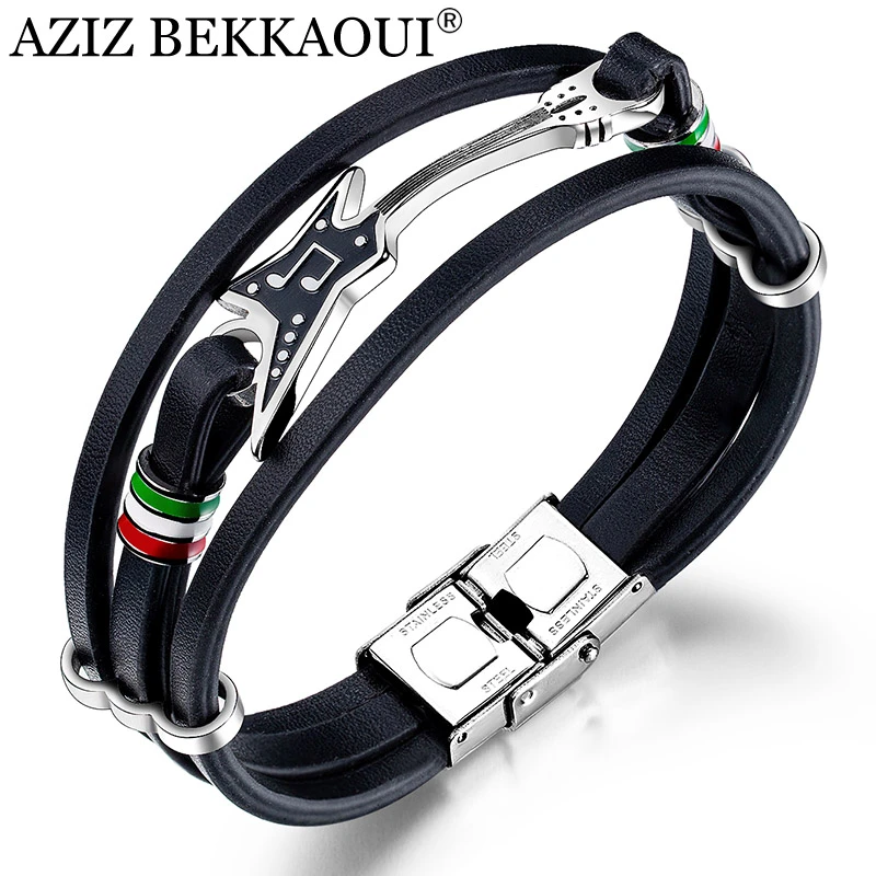 AZIZ BEKKAOUI de guitarra de acero inoxidable para hombre, pulsera de cuero con logotipo de moda, brazalete de regalo para fanáticos de la música, Dropshipping|Pulseras de identificación| - AliExpress