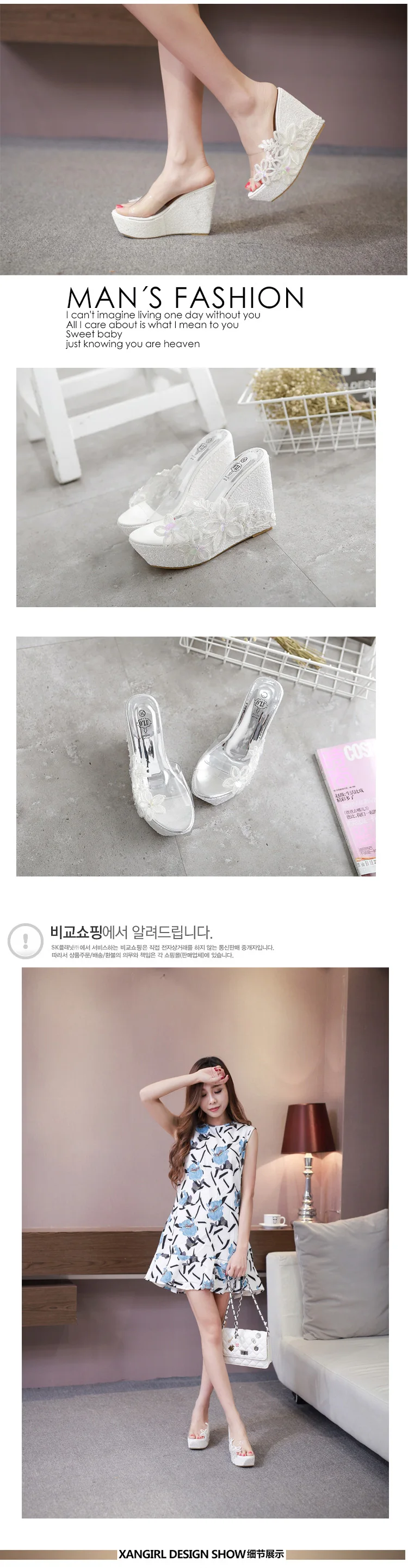 new bohemian rhinestone transparent slope with thick bottom waterproof platform lace slippers children