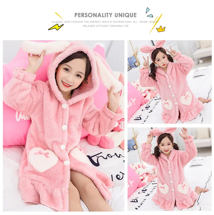 Girls' Pajamas Pink Cute Children Flannel Bathrobe Home Fleece Kids Sleepwear Autumn Winter Nightgown for Girls Robes elegant pajama sets