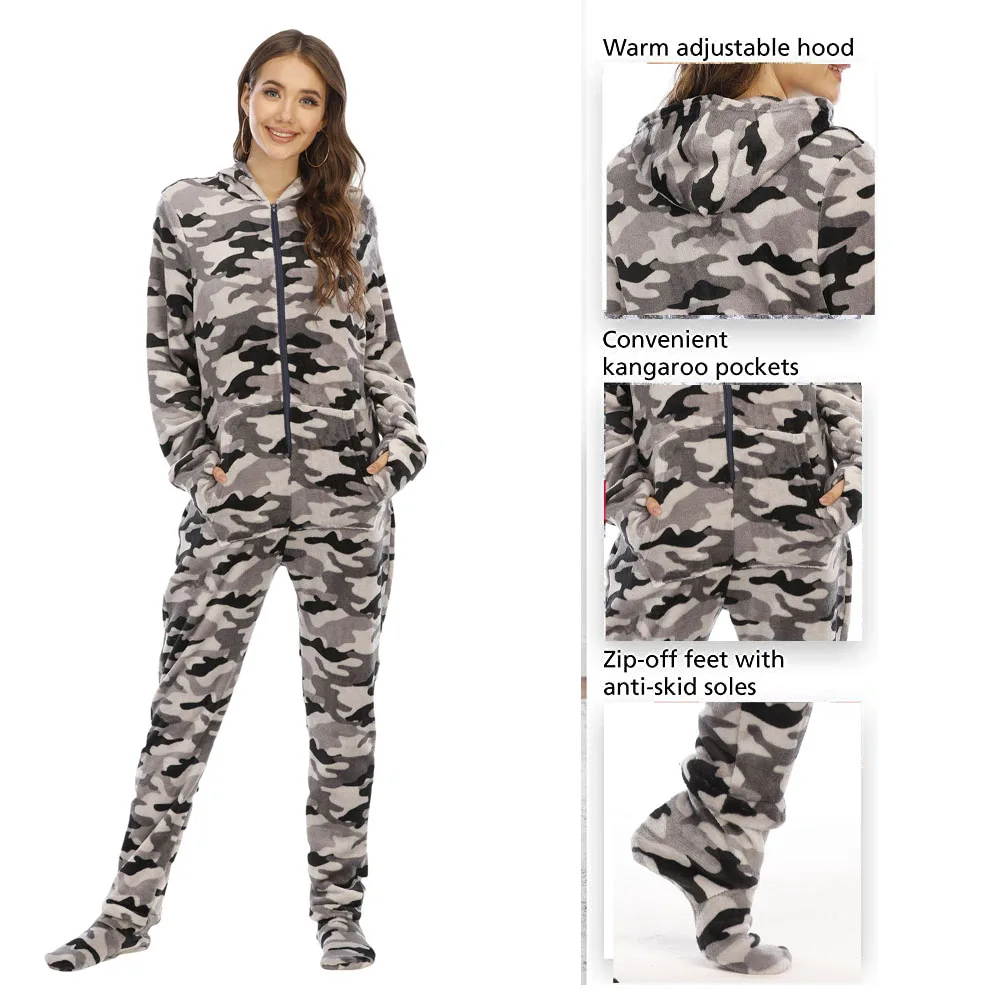 Women Fleece Printed Footed Hooded Onesie Abdl One Piece Sleeper Jumpsuit Adult Pajamas
